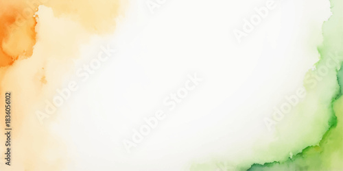 Abstract watercolor background with orange and green paint splashes and copy space.