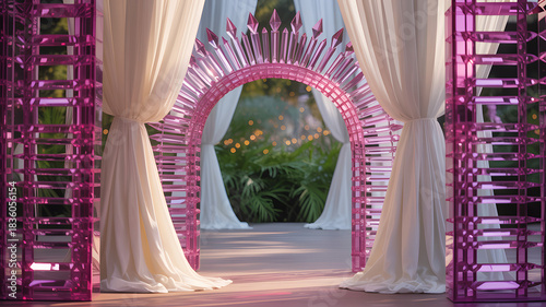 Luxury Pink Crystal Wedding Arch with Draped White Curtains