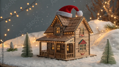 Wallpaper Mural Festive christmas house adorned with lights and santa hat in snow Torontodigital.ca