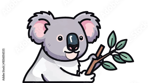 Cute cartoon koala holding eucalyptus branch illustration.