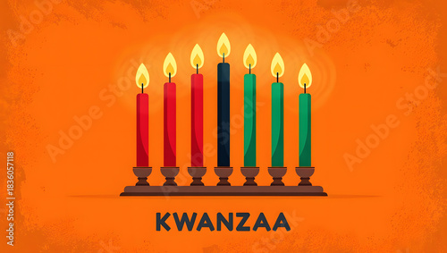 Seven lit candles on a kinara for kwanzaa celebration on orange background