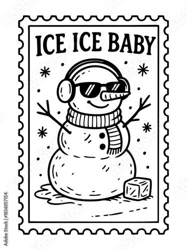christmas funny snowman postage stamp vector illustration with cool snowman in sunglasses and earmuffs standing by ice cube for stickers cards coloring pages posters labels and winter crafts