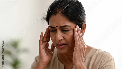 Serious Woman with a Headache in Pain Touching Her Temples, Indoor, Close Up View
