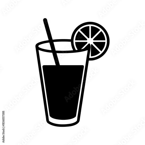 Cold Lemonade Drink Icon with Lemon Wedge on White Background.