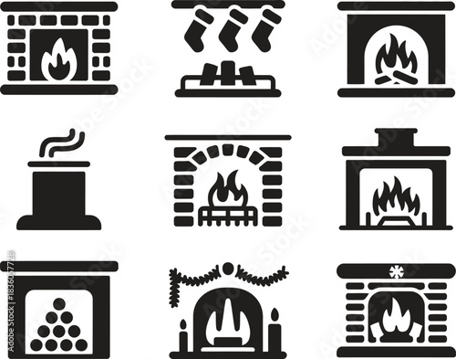 Cozy Fireplace Icons: Stylized Fireplaces with Logs and Holiday Decor