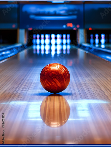 Red Bowling Ball on Lane with Pins in Background
