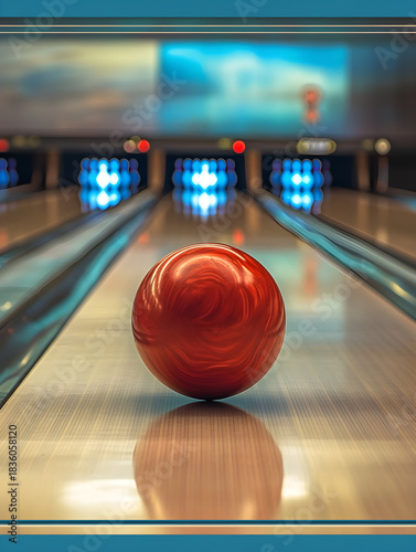 Red Bowling Ball on Lane Facing Pins in Bowling Alley