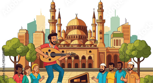 Cultural harmony with music in the city skyline featuring an Islamic mosque