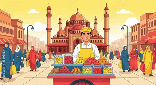 Vibrant cultural scene with vendor and shoppers against a mosque backdrop