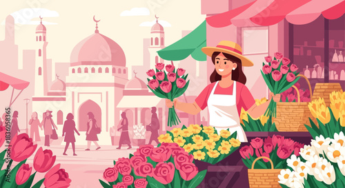 Blooming business: A vibrant flower market day in a bustling city scene