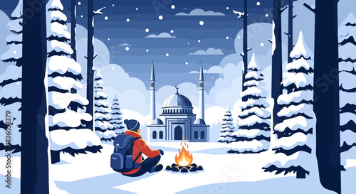 Winter Solitude: A Traveler's Respite Amidst Snow-Clad Trees and Distant Mosque