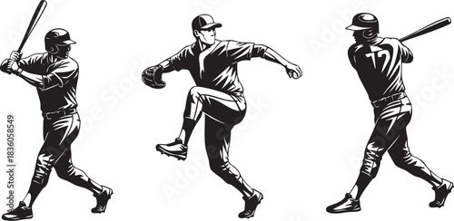 Baseball Player Action Pose Silhouettes Set