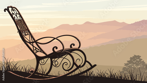 Rocking chair silhouette against tranquil mountain backdrop, evoking peaceful relaxation and quiet contemplation in the countryside landscape at twilight
