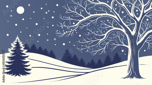 Christmas winter forest vector, trees blanketed in snow, gentle snowfall, calm seasonal atmosphere, premium quality, smooth lines, polished and elegant.