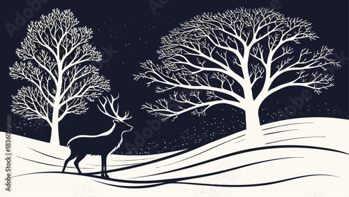 Winter Christmas background vector with snowy trees, soft falling snow, peaceful landscape, high-resolution, clean design, elegant, festive and professional.