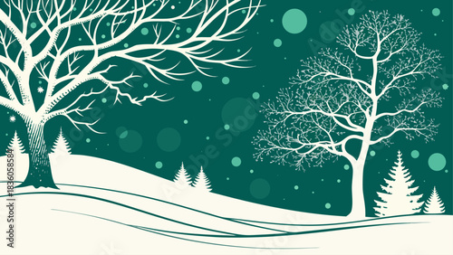 Holiday winter forest vector, trees covered in fresh snow, soft Christmas atmosphere, premium background, clean lines, high-quality, calm and festive.