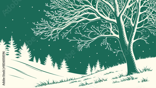 Snow-covered pine trees in a peaceful winter Christmas scene, vector illustration, gentle snowfall, premium quality, clean, festive and modern.