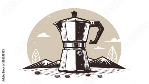 Enjoy the invigorating aroma of freshly brewed coffee with this espresso maker set against a serene mountain backdrop, ideal for coffee lovers