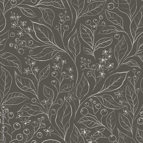 OLIVE GREEN SEAMLESS BACKGROUND WITH SILHOUETTES OF WHITE FLOWERING BRANCHES AND BERRIES, DIGITAL ILLUSTRATION WITH PASTEL BRUSHES