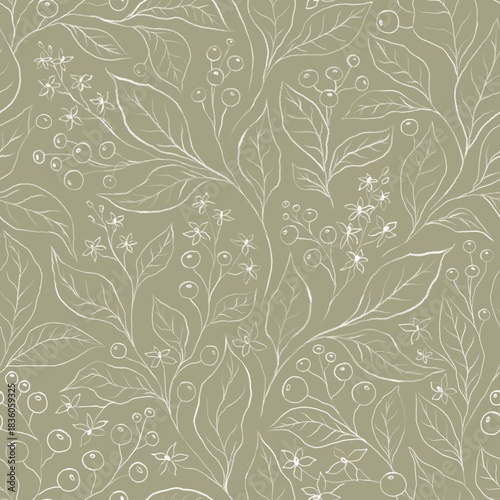 OLIVE BEIGE SEAMLESS BACKGROUND WITH SILHOUETTES OF WHITE FLOWERING BRANCHES AND BERRIES, DIGITAL ILLUSTRATION WITH PASTEL BRUSHES