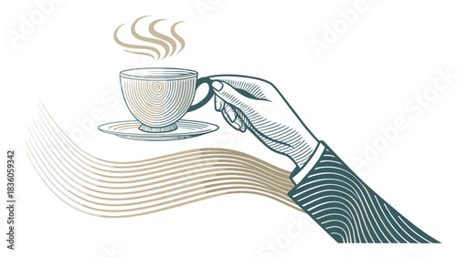 Enjoy a steaming cup of coffee in hand with this elegant and classic design featuring steam and vintage charm, perfect for cafes and coffee lovers