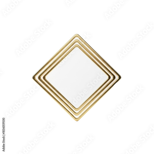 Two elegant, thin, polished gold metallic square frames, intricately overlapping on a transparent background with negative space, bright soft studio lighting for a high-key aesthetic. Concept of