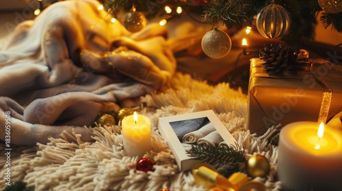 Close-up of a spa gift card and musical tickets among other presents, evoking a warm, cozy Christmas atmosphere.