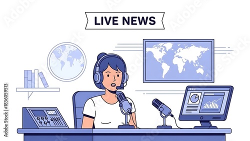 Female news anchor reporting live from a studio desk