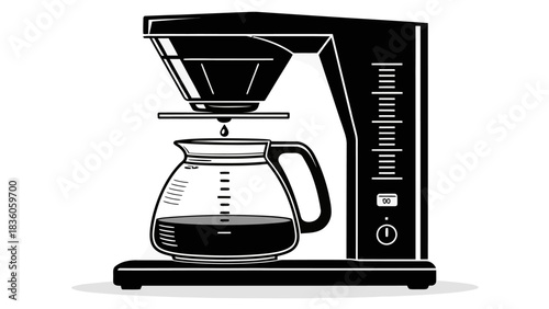 Freshly brewed coffee dripping into glass carafe in a modern sleek coffee maker, ready to start the day with a hot beverage and aromatic delight