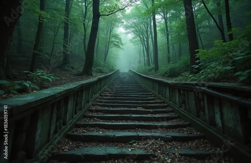 Ancient stone staircase climbs through green forest shrouded in mist. Old leaf-covered steps create mysterious path into unknown. Spooky, forgotten way disappears into foggy woods, lonely journey