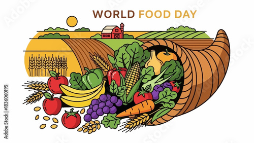 World Food Day illustration with cornucopia overflowing with fruits and vegetables.