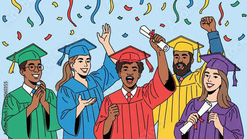 Graduation celebration with diverse students in caps and gowns under confetti.