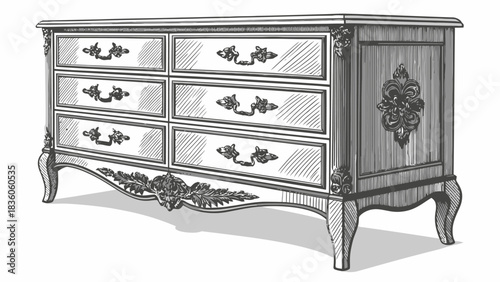Elegant antique dresser sketch for interior design projects or vintage style furniture catalogs, showcasing classic craftsmanship and timeless appeal beautifully