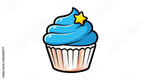 A delightful blue frosted cupcake with a yellow star decoration.