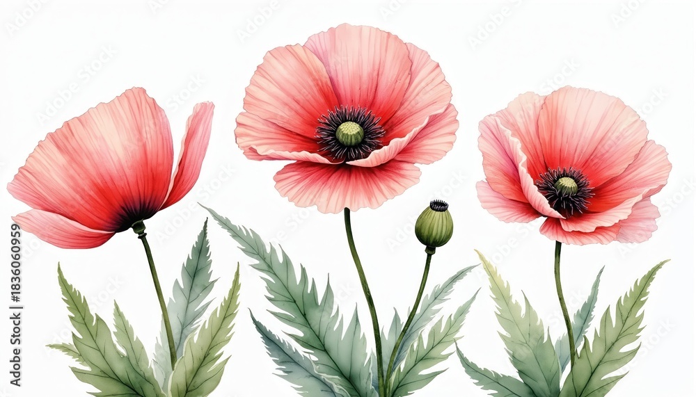 Obraz premium Watercolor painting of pink poppy flowers with green leaves, bud. Beautiful blooming plants isolated on white background. Botanical illustration of delicate spring floral design. Floral artwork for