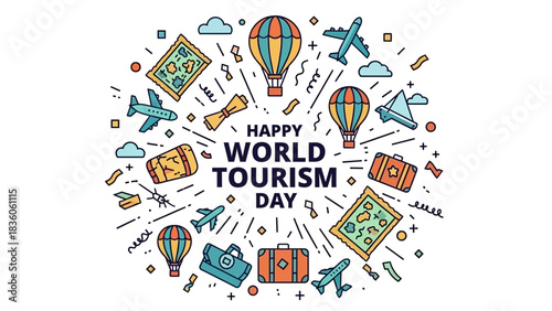 World Tourism Day illustration with planes, balloons, and suitcases.