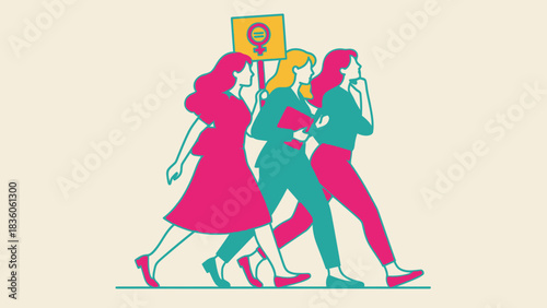 Illustration of three women marching with a feminist symbol on a sign.