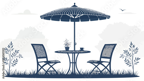 Peaceful outdoor dining area with table, chairs, umbrella and garden view, perfect for summer relaxation and enjoying nature's beauty in comfort
