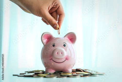 Hand dropping coin into a smiling pink piggy bank on a pile of coins