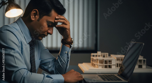 Stressed Indian professional in a blue shirt sitting late at his desk, head in hand, looking down at his laptop