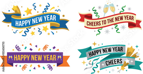 Festive New Year banner collection with streamers and confetti, flat vector ribbon set