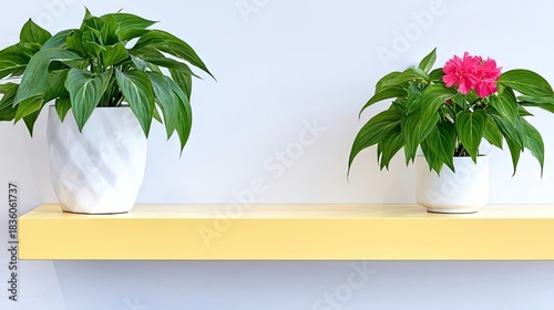 Potted Plants on Yellow Shelf Against White Wall