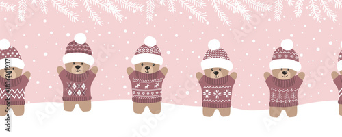 Happy Teddy Bears Enjoy Winter Holidays. Christmas Seamless Border. Cute Baby Bears in Dark Pink Hats, Sweaters. Soft Toys under Fir Tree Branches. Vector illustration in Pink, White, Brown