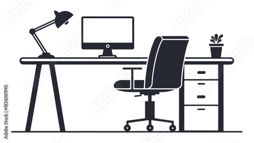 Modern workspace setup for creative professionals with computer, desk, chair and lamp ideal for office design inspiration or remote work themes