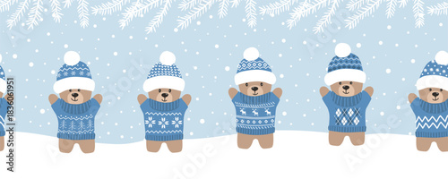 Happy Teddy Bears Enjoy Winter Holidays. Christmas Seamless Border. Cute Baby Bears in Blue Hats, Sweaters. Soft Toys under Fir Tree Branches. Vector illustration in Blue, White, Brown on Light Blue
