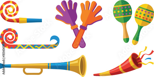 New Year noisemaker icon pack, flat party blower and horn vector set