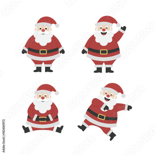 Set of Four Cute Santa Claus Poses Vector Illustration. Cartoon Father Christmas Character Collection for Holiday Design. Merry Christmas and Festive Icons. Design 1