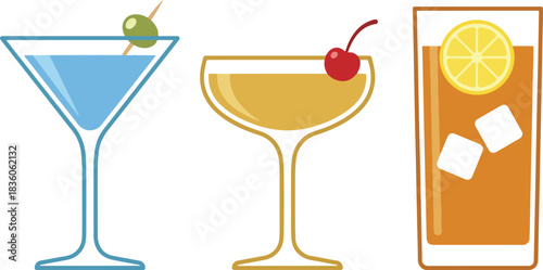 Classic party cocktail vector set, flat martini and champagne glass illustrations