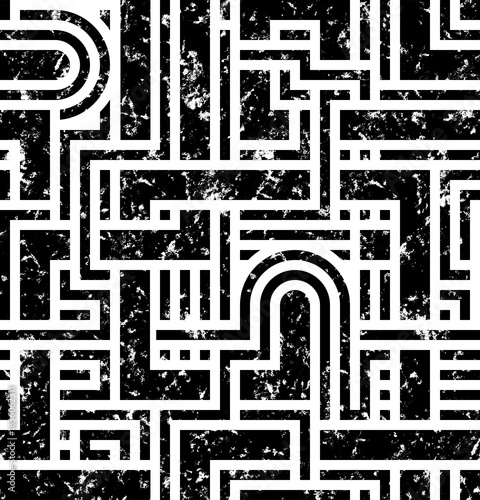 SEAMLESS WHITE BACKGROUND WITH BLACK ABSTRACT GEOMETRIC MAZE PATTERN IN GRUNGE STYLE