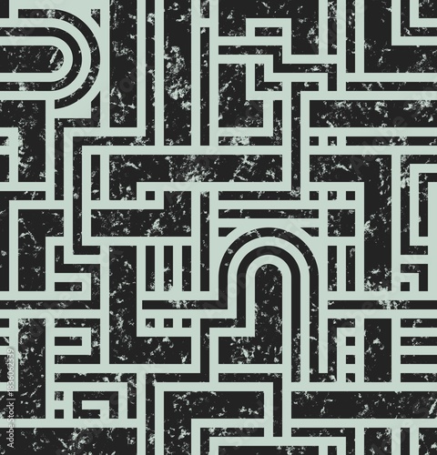 LIGHT MINT GREEN SEAMLESS BACKGROUND WITH DARK GREY ABSTRACT GEOMETRIC MAZE PATTERN IN GRUNGE STYLE
